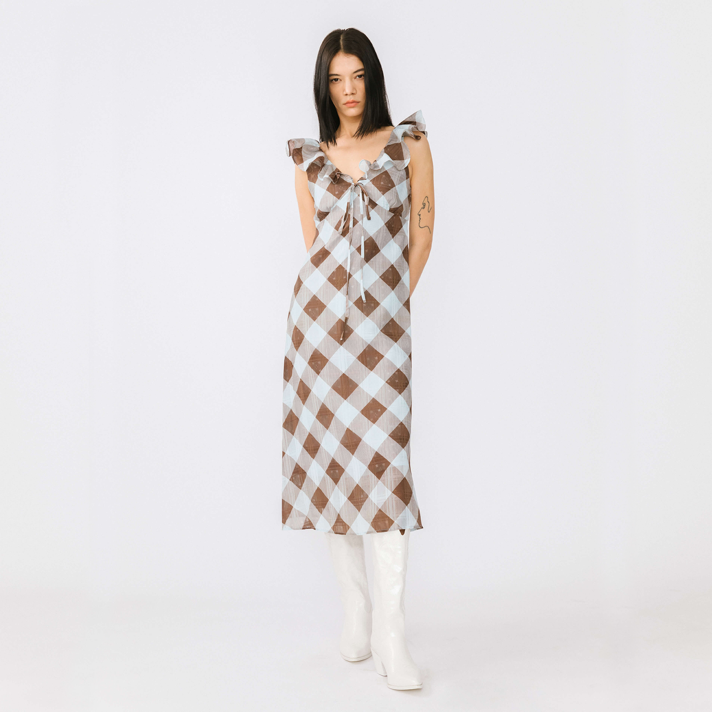 Checked V-neck Ruffled Sleeveless Dress