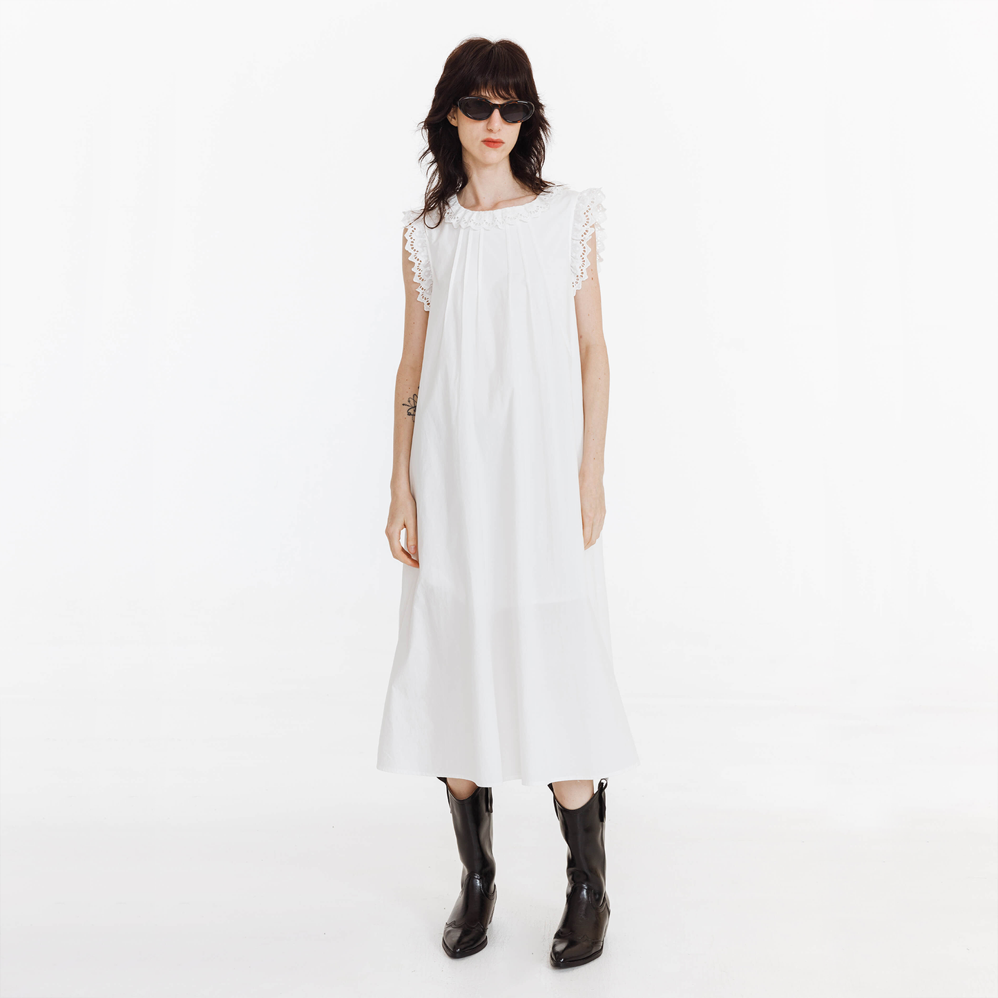 Cotton Lace Trimmed Sleeveless Long Dress
