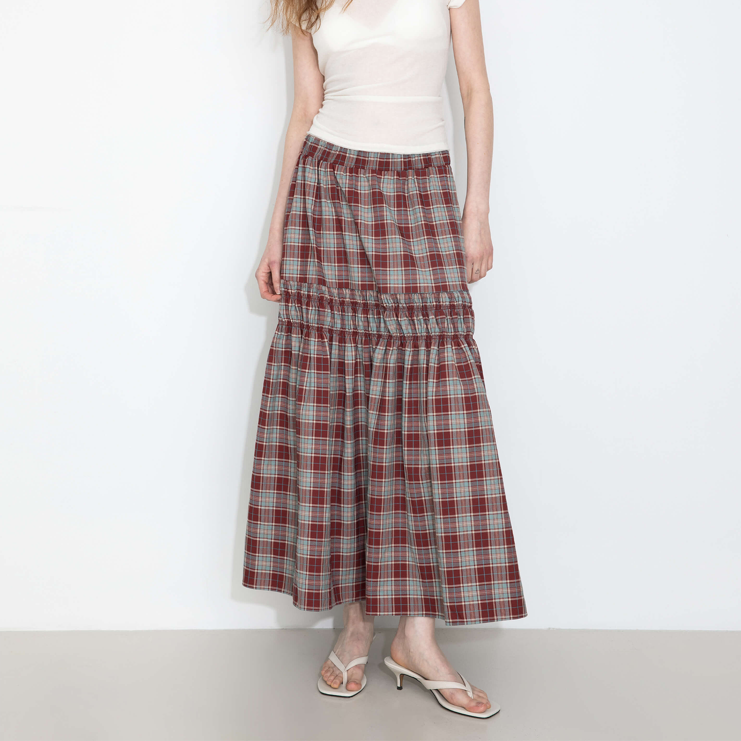 Elastic Drawstring High Waist Checked Skirt