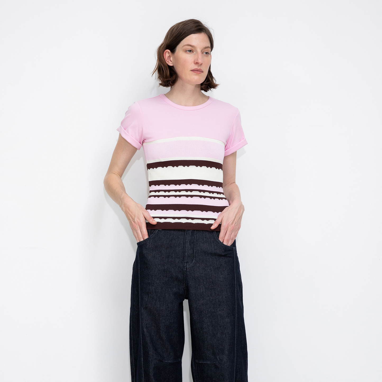 Round Neck Striped Color Block Knitted T-shirt
