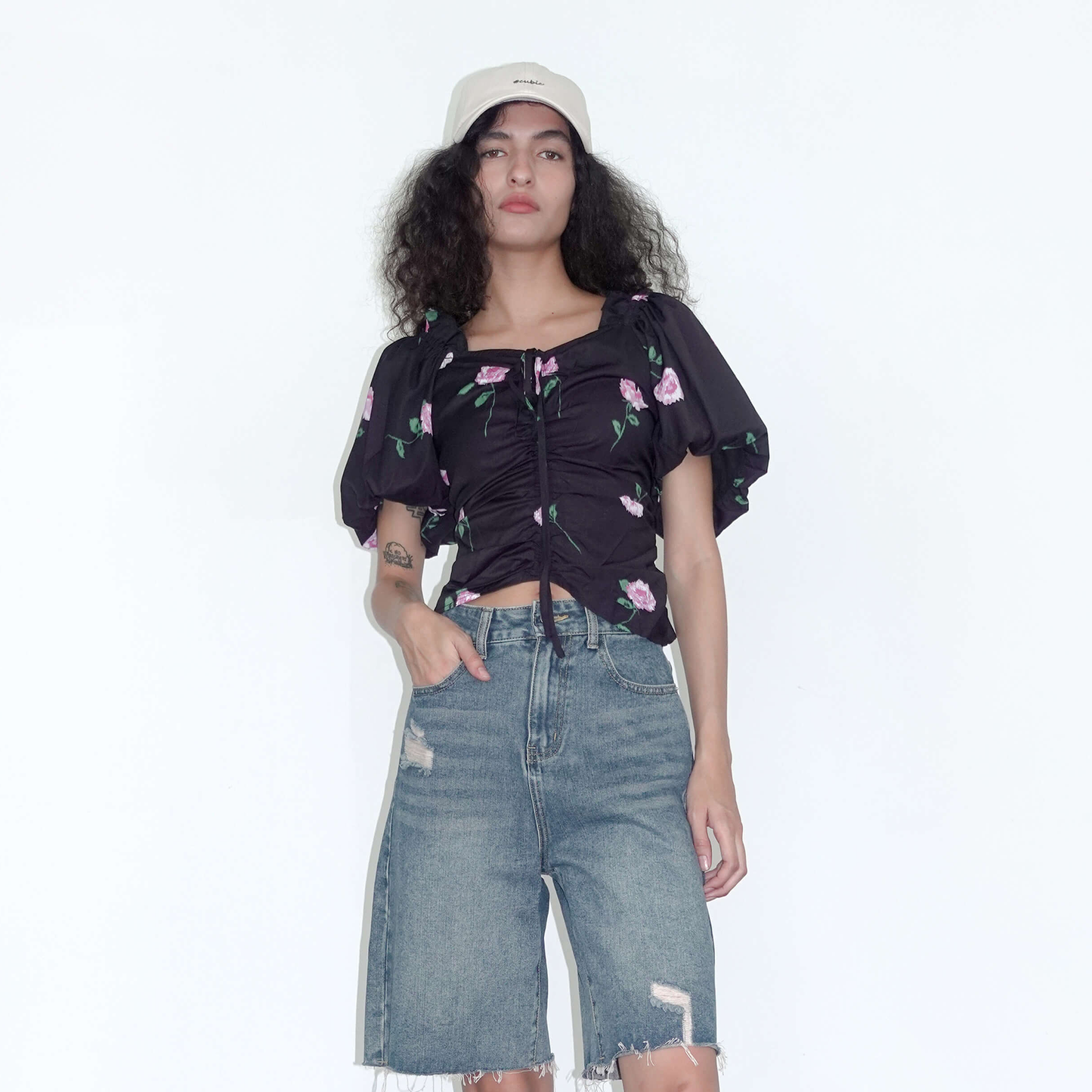 Square Neck Puff Sleeve Flower Print T-shirt