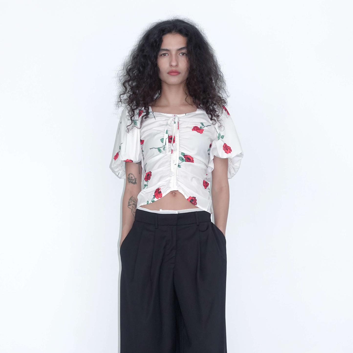 Square Neck Puff Sleeve Flower Print T-shirt