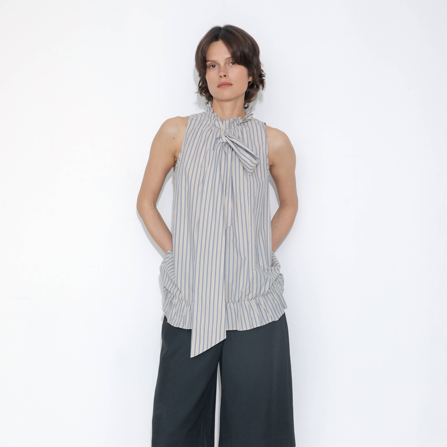 Ruffle Stand Collar Tie A-line Tank Top