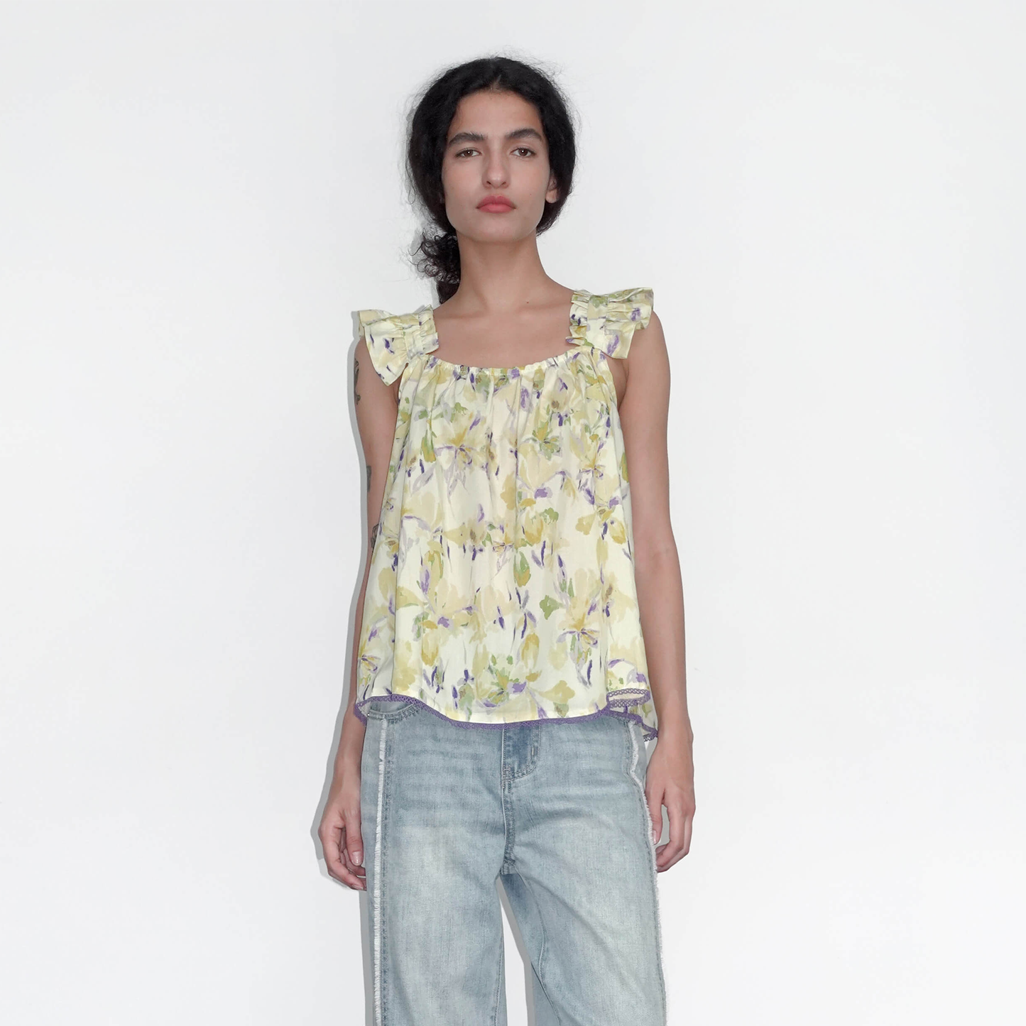 Yellow Floral Print Ruffle Cami Top