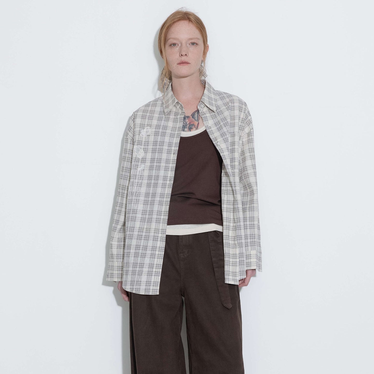 100% Cotton Embroidered Lace Checkered Oversized Shirt