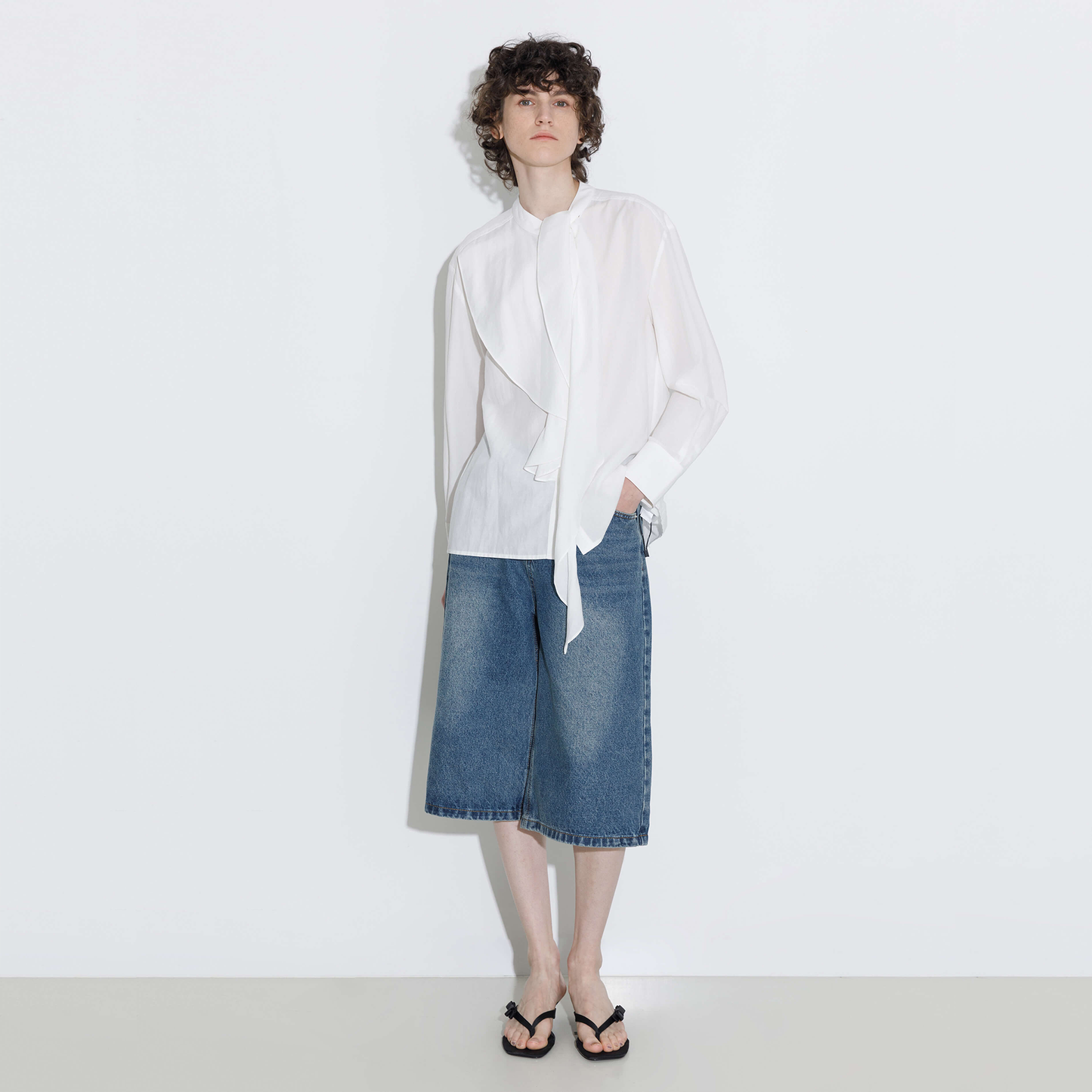 Ruffle Neck Tie Long Sleeve Shirt