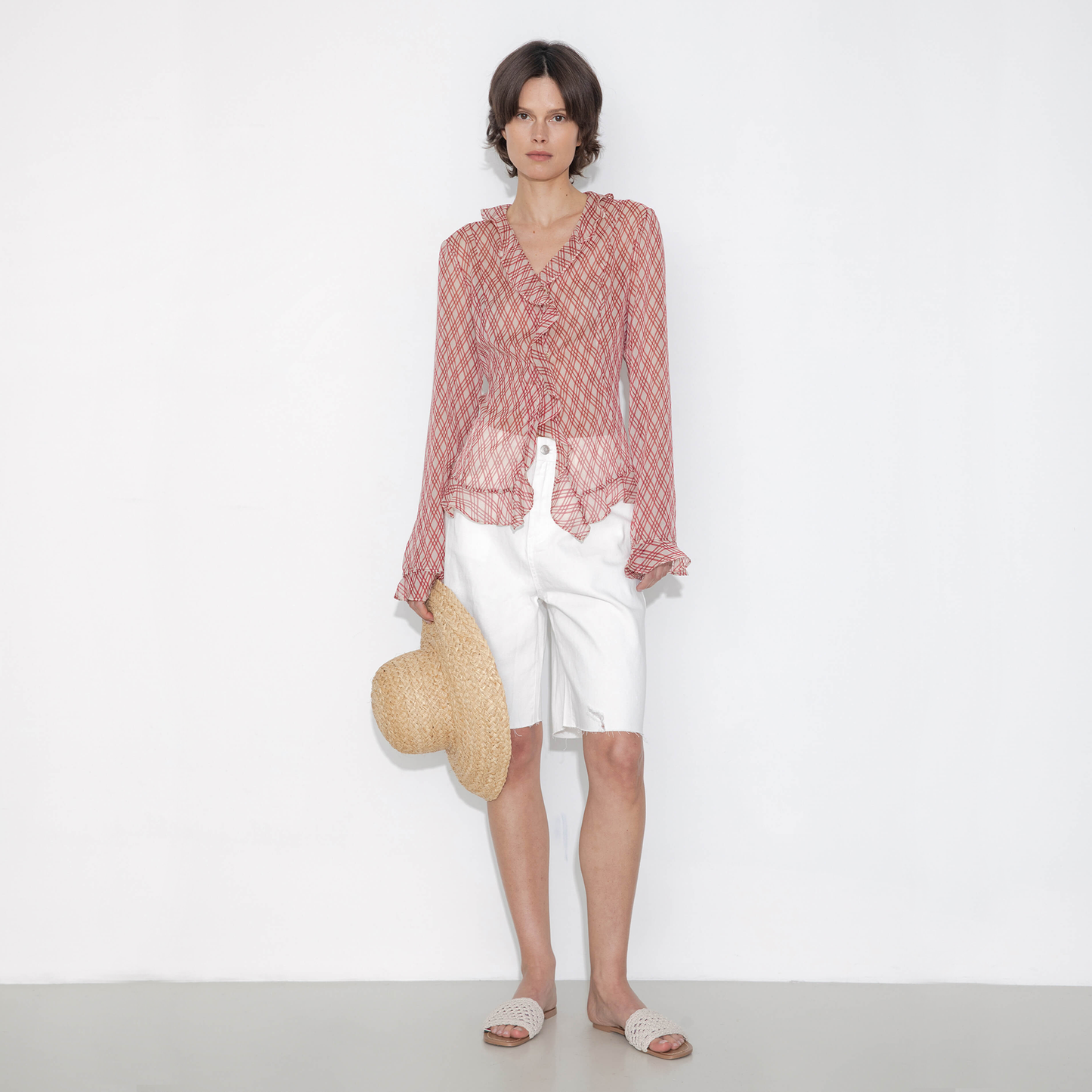 Semi-Sheer Ruffle Trim Check Shirt