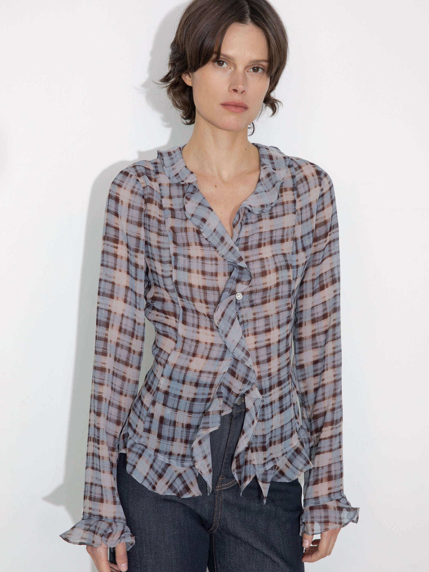 Semi-Sheer Ruffle Trim Check Shirt