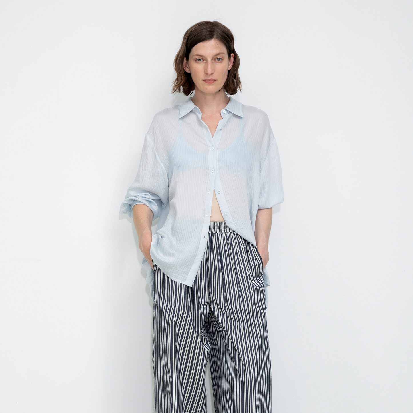 Semi-Sheer Oversized Striped Pattern Shirt