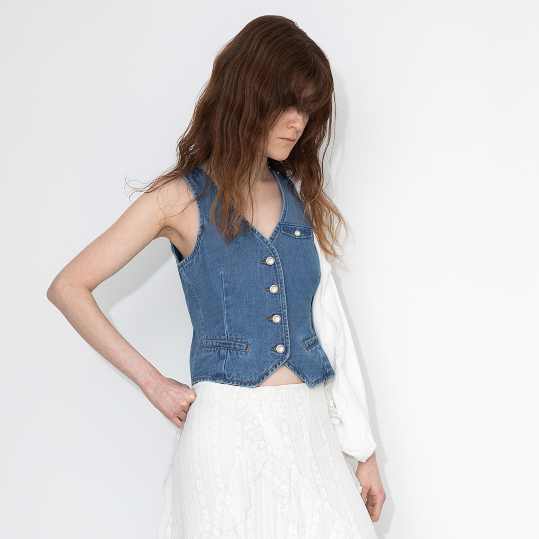 V-Neck Slim Fit Cropped Denim Vest