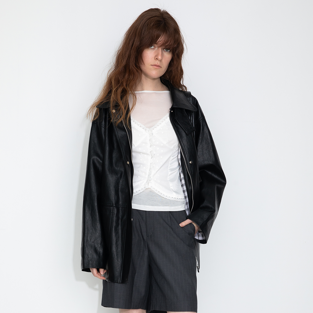Stand Collar Oversized Leather Jacket