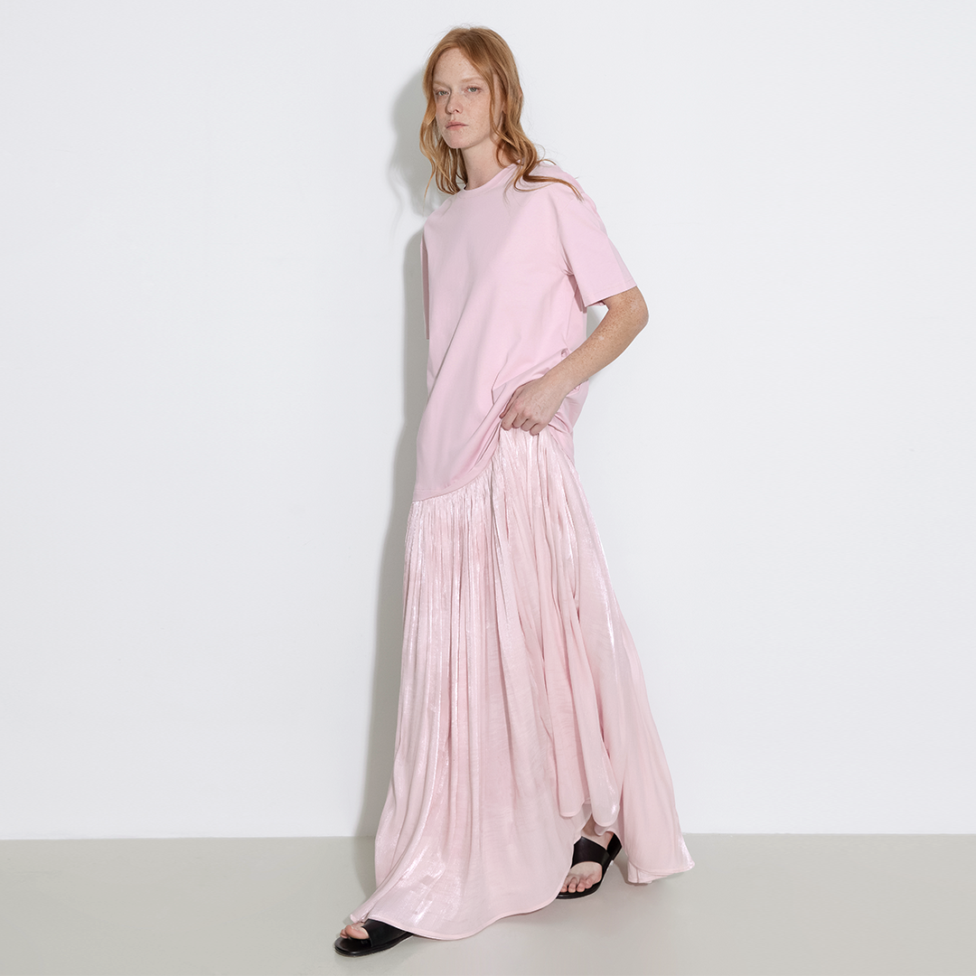Oversized Round Neck Short Sleeve Pleated Dress