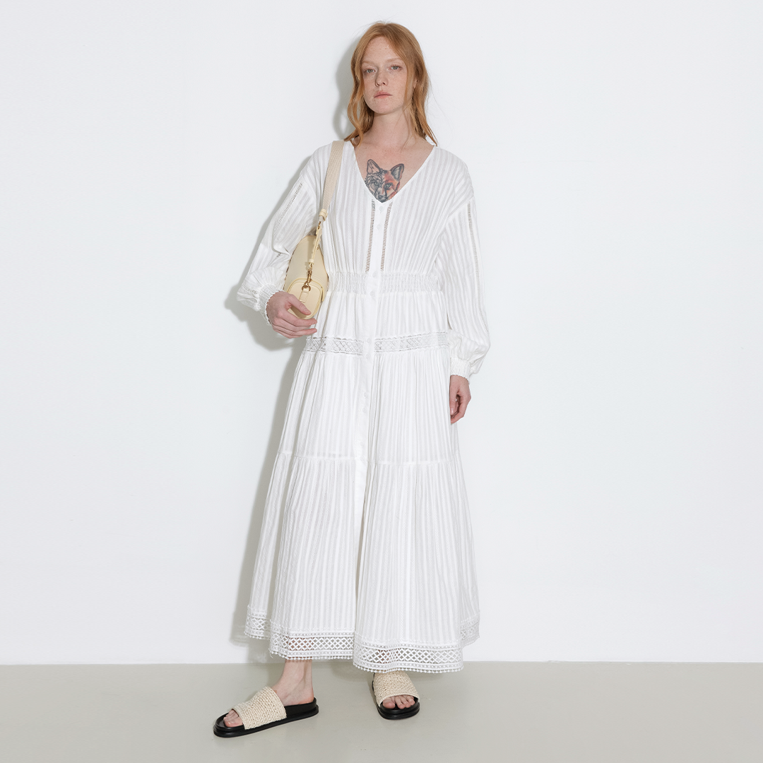 100% Cotton Lace Hollow V-Neck Waist-Cinched Maxi Dress