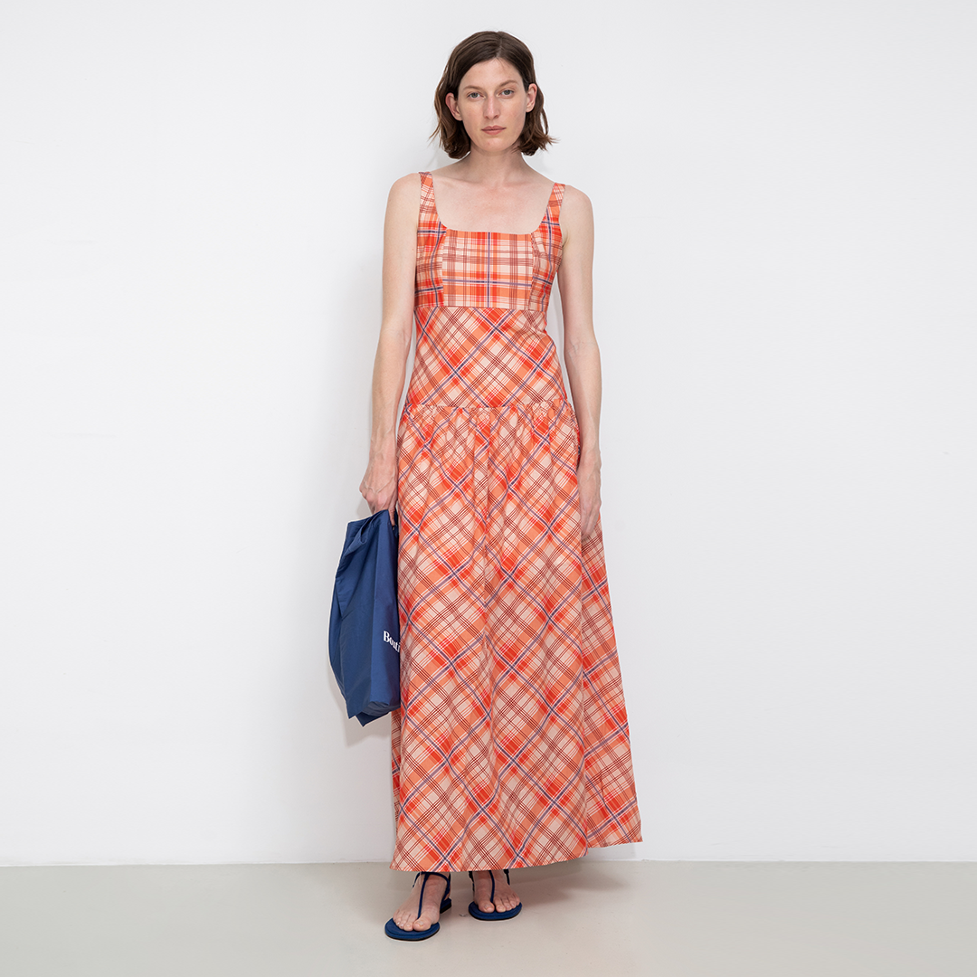 Red Check Print Square Neck Dress