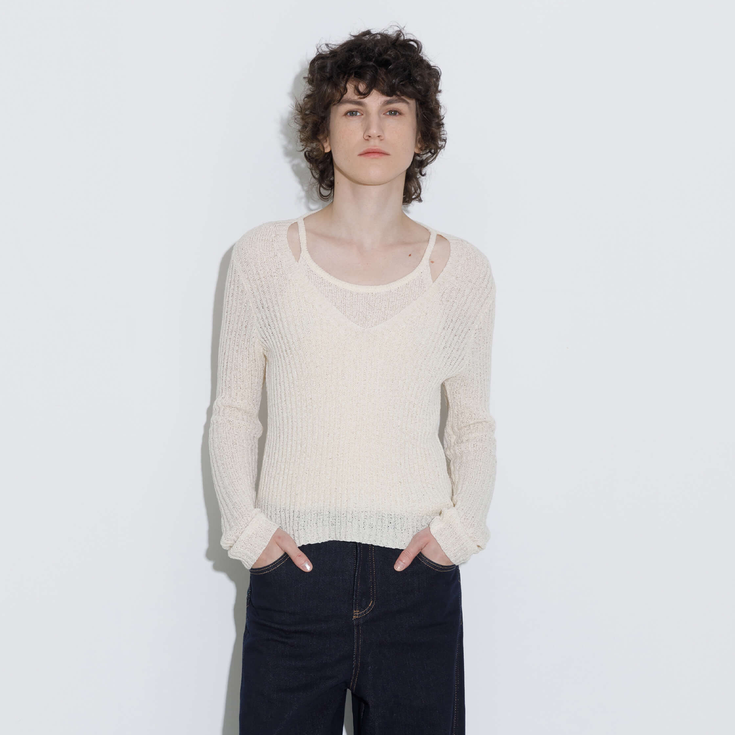 Faux Two-Piece Design Halter Neck Long Sleeve Knit Top