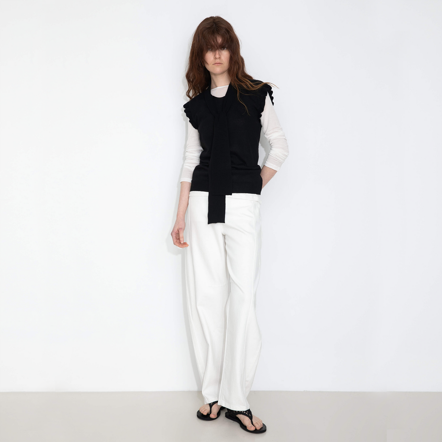 Ruffled Sleeve Sleeveless Knit Top with Attached Scarf