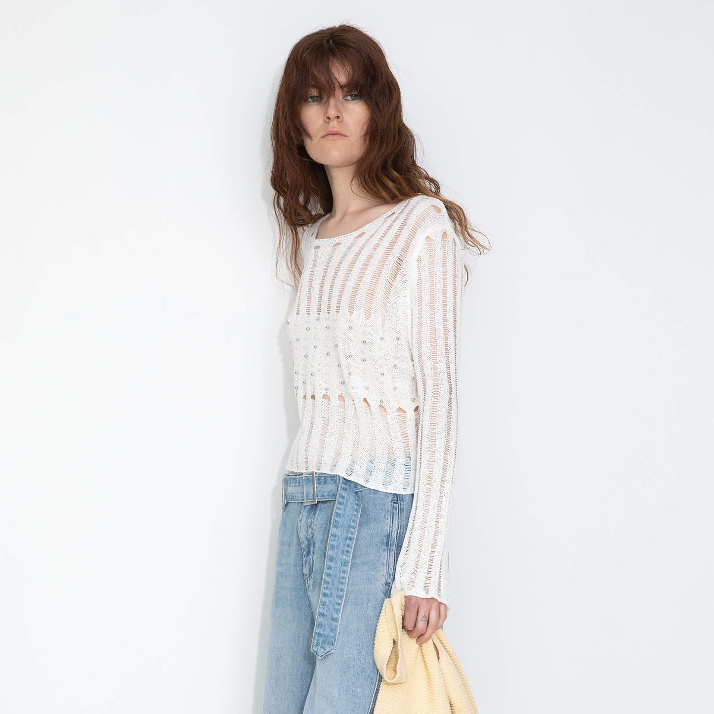 Beaded Hollow-Out Knit Top with Flare Sleeves