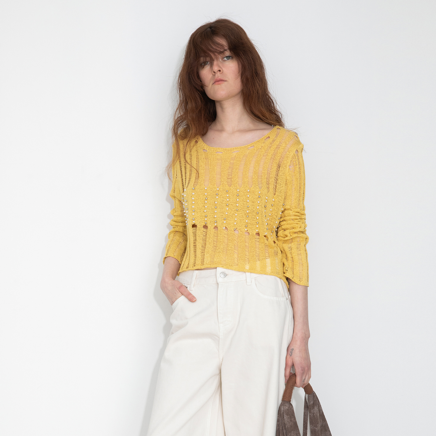 Beaded Hollow-Out Knit Top with Flare Sleeves