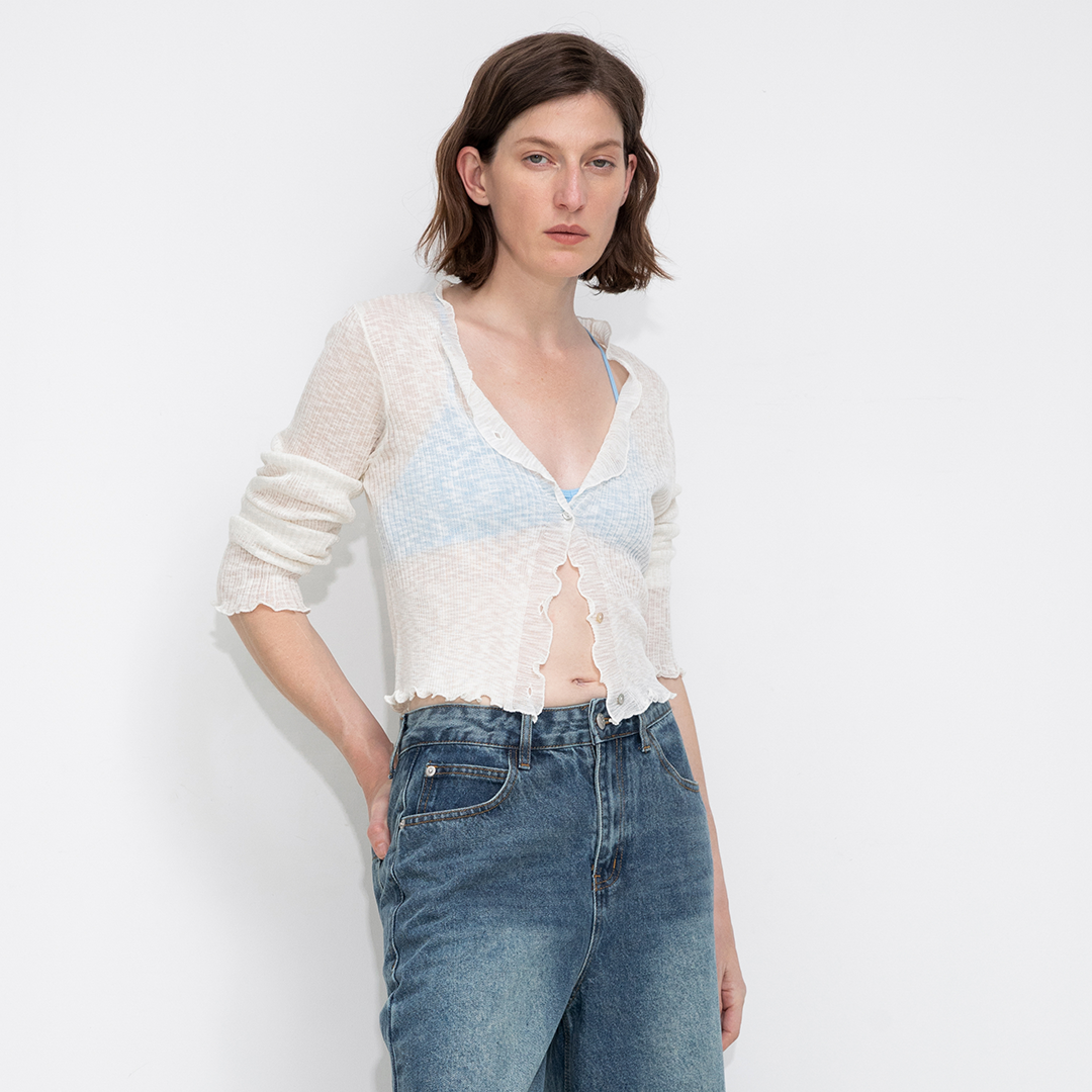 V-Neck Knit Cardigan with Ruffled Long Sleeves