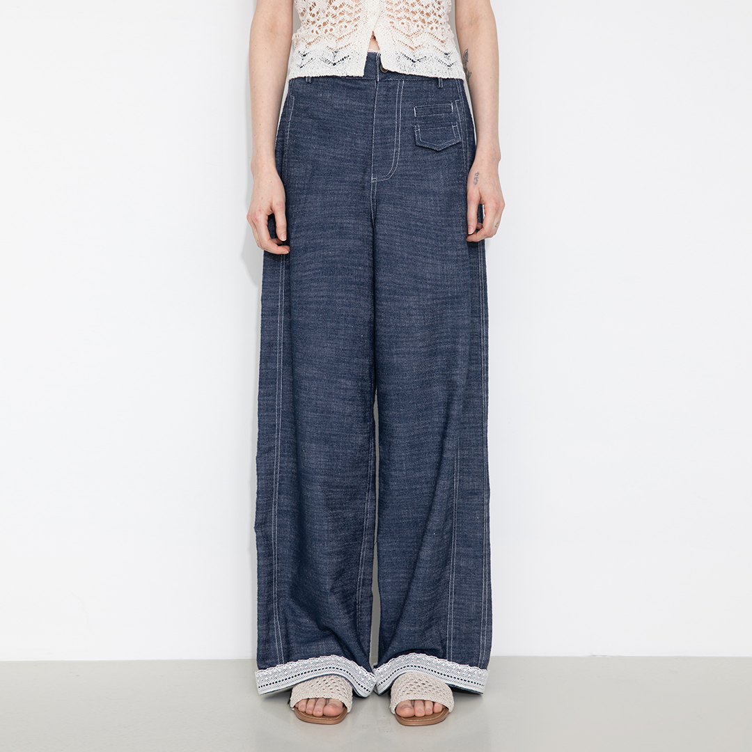 Linen-Cotton Lace Wide-Leg Straight Jeans