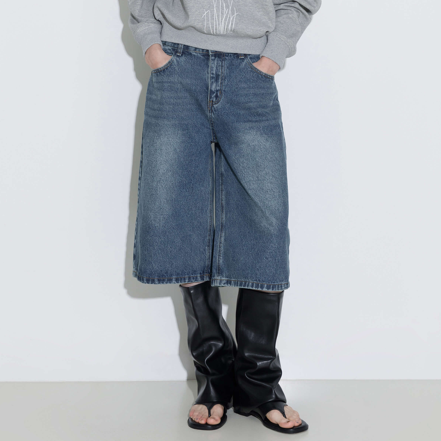Loose Fit Knee-Length Denim Shorts