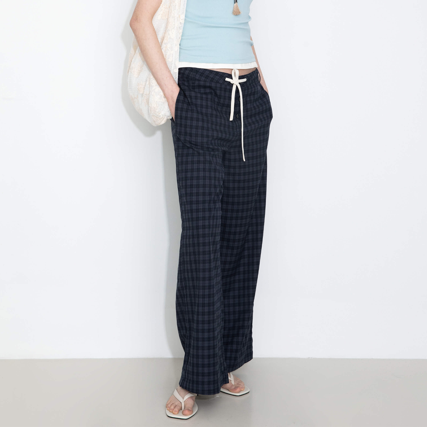 Drawstring Checkered Wide-Leg Casual Pants