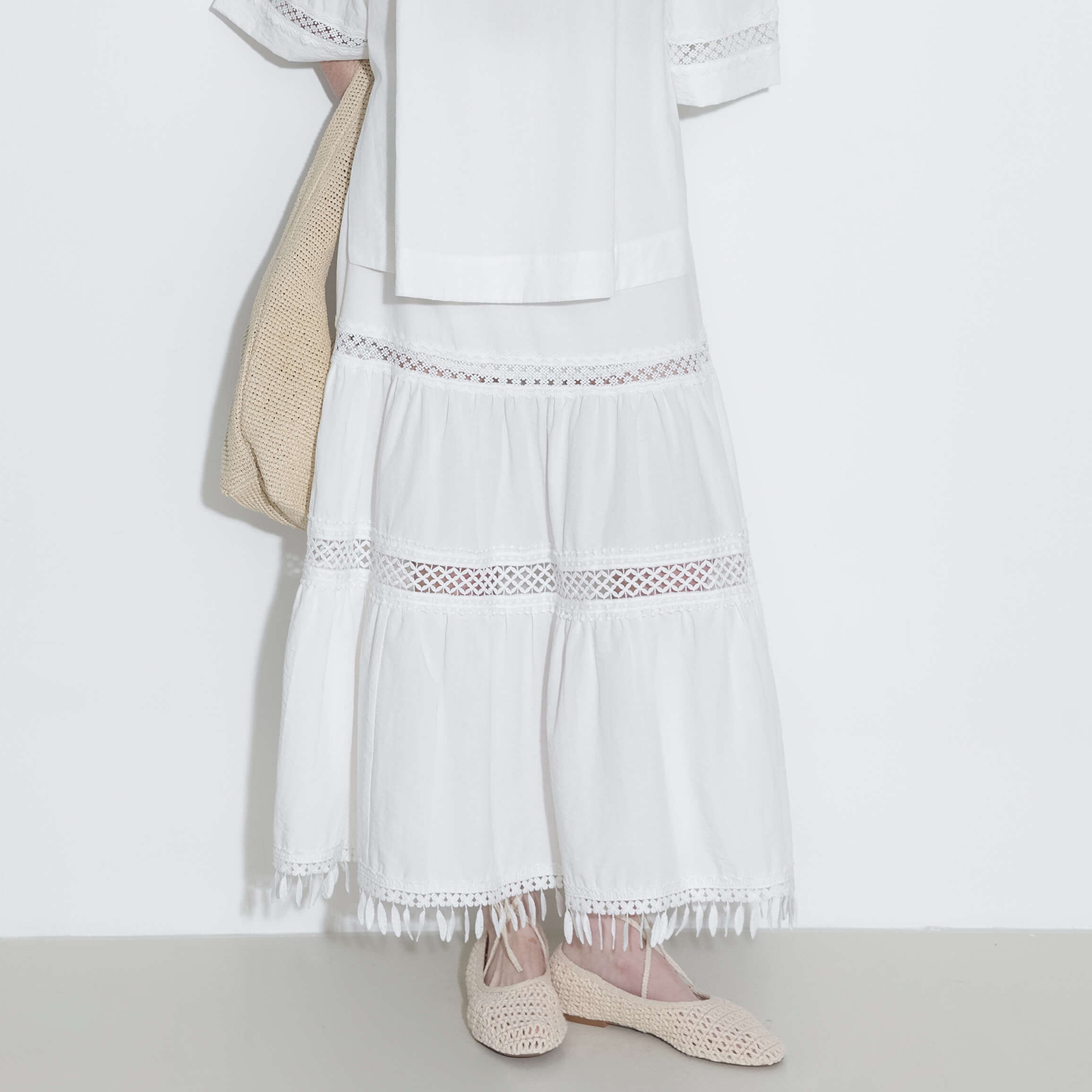 High-Waisted Hollow Out Tassel Trim Maxi Skirt