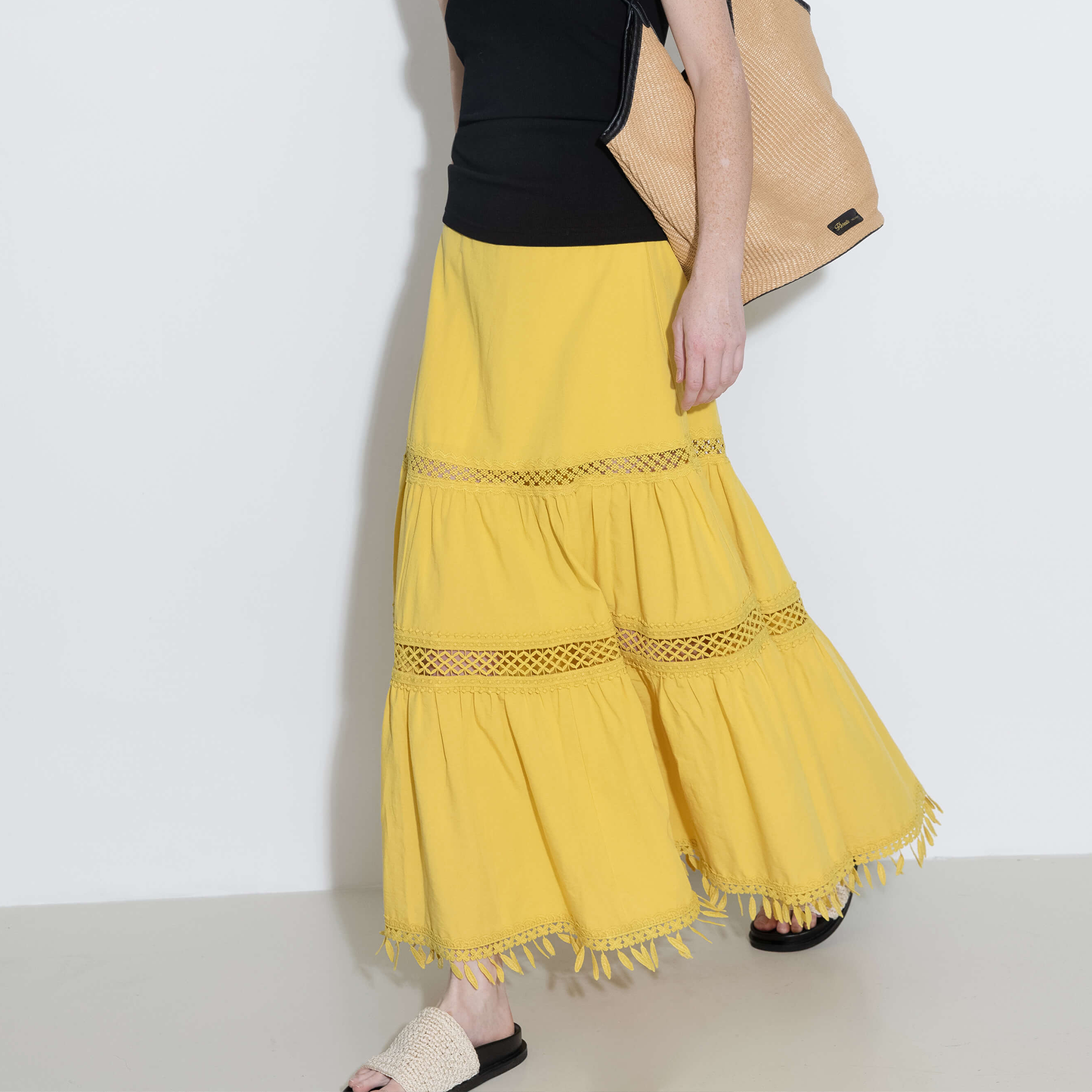 High-Waisted Hollow Out Tassel Trim Maxi Skirt