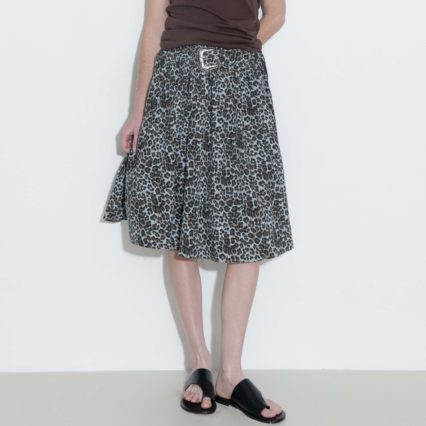 Leopard Print Pleated A-Line Skirt with Belt