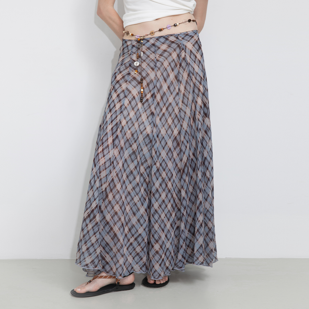 Asymmetrical Flowy Check Maxi Skirt-Blue