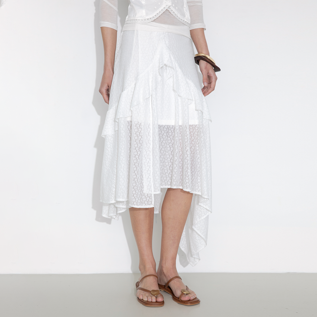 Asymmetrical Ruffled Floral Eyelet Skirt