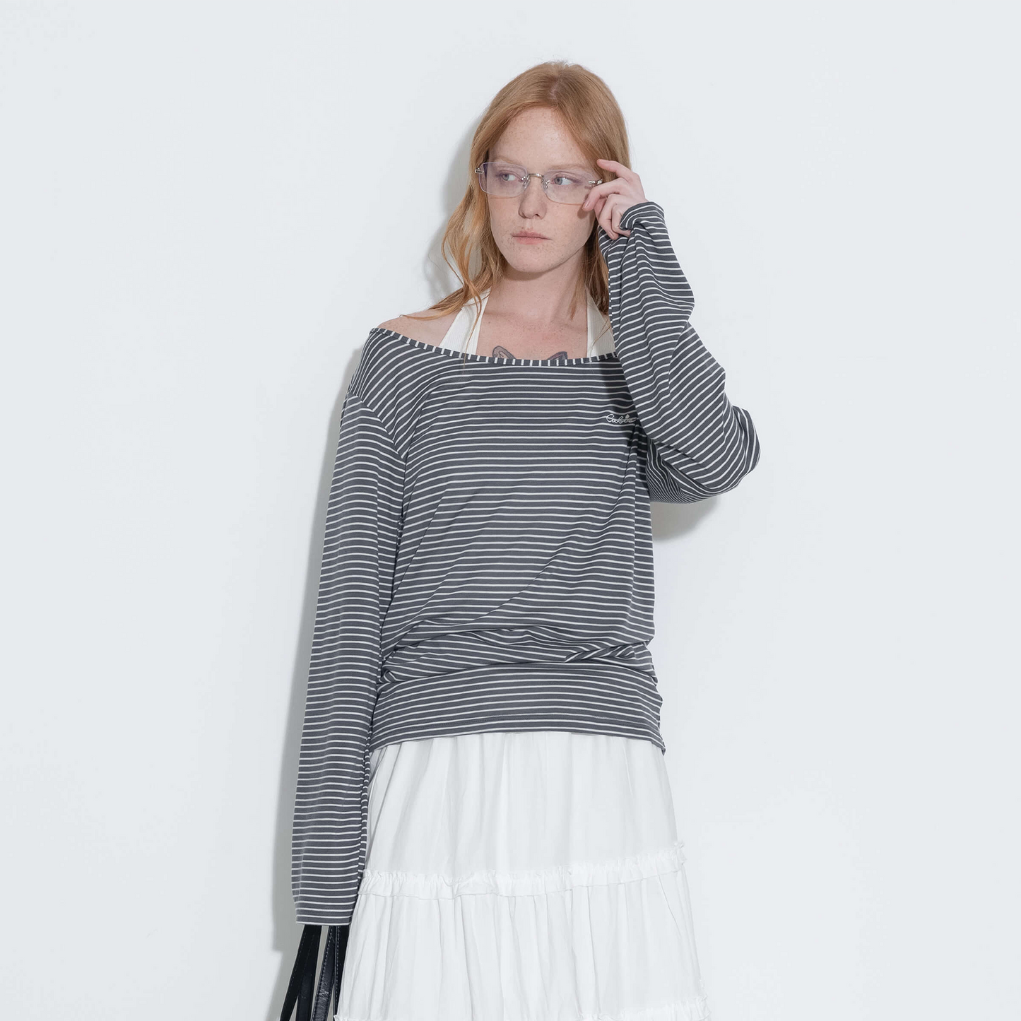Adjustable Collar Oversized Stripe Long Sleeve Top