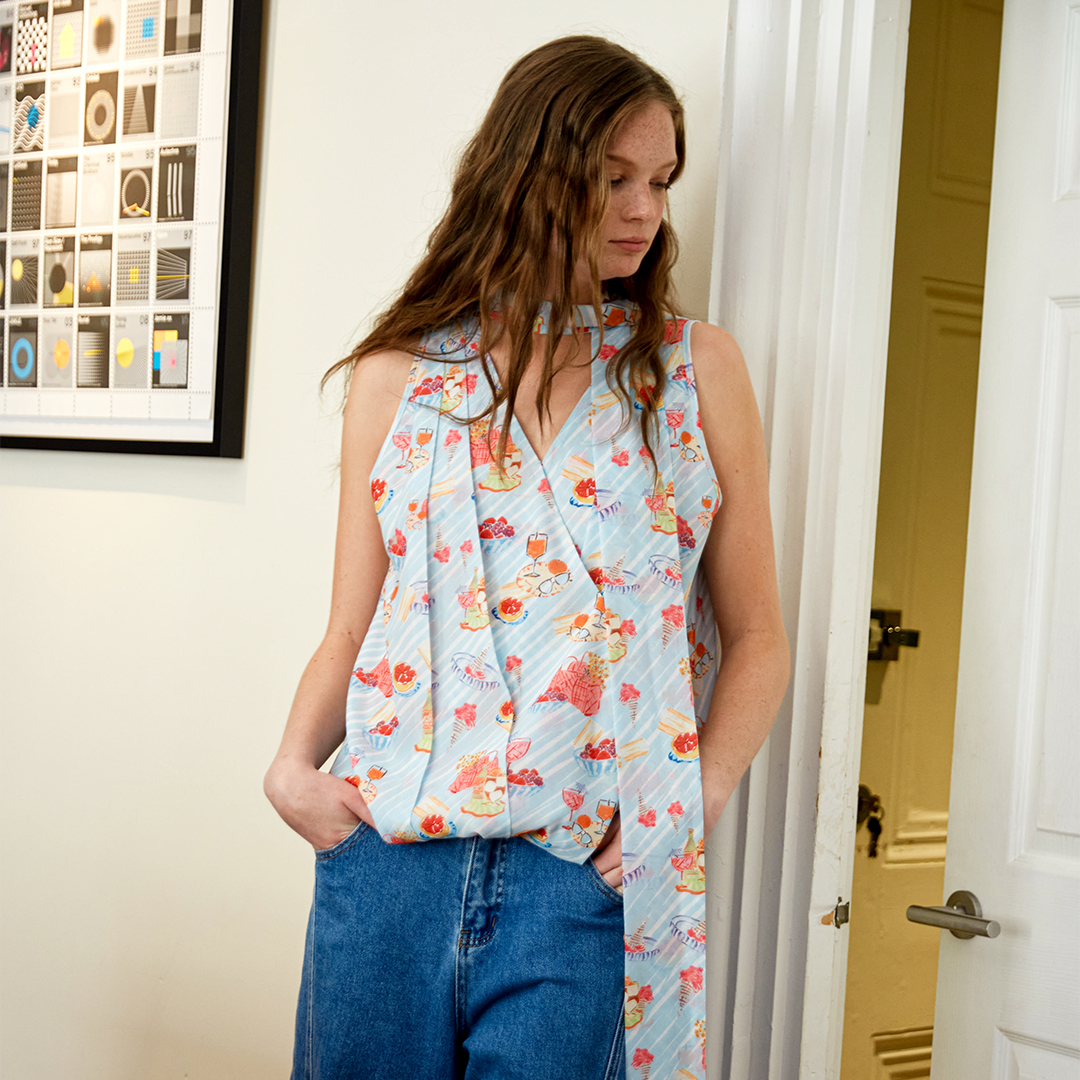 V-Neck Sleeveless Top with Scarf Tie