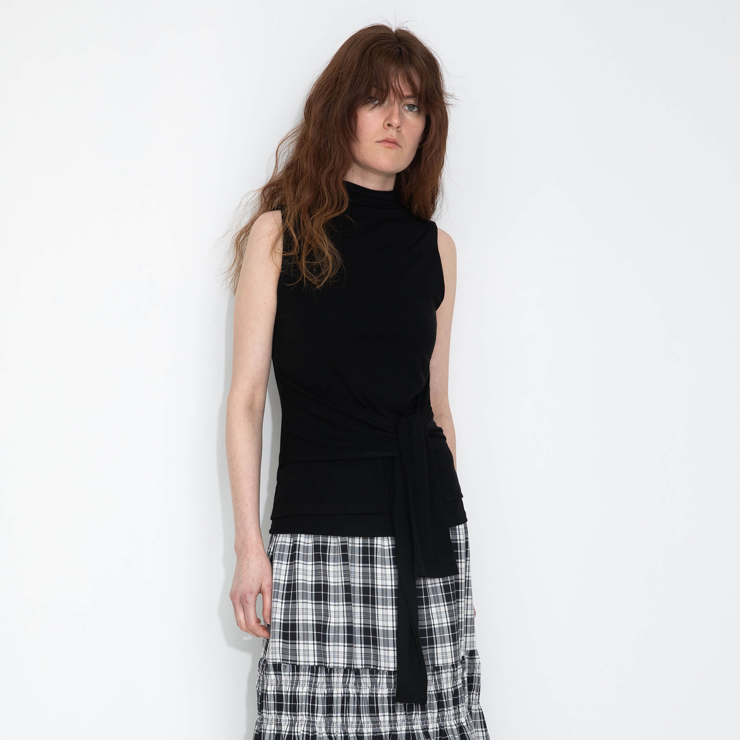 Tie-Detail Sleeveless Mock Neck Top