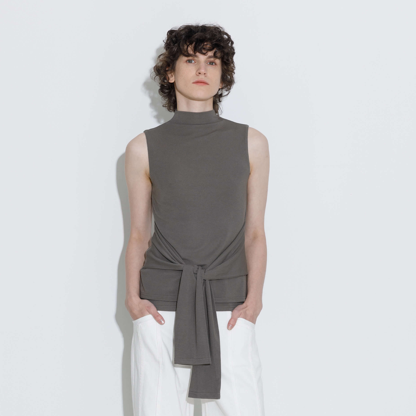 Tie-Detail Sleeveless Mock Neck Top