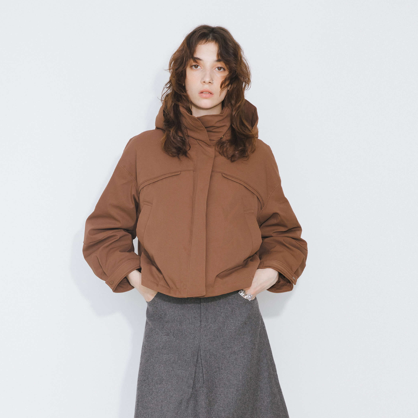 ONE BY CUBIC High Neck Short Loose Hem Down Jacket with Hood