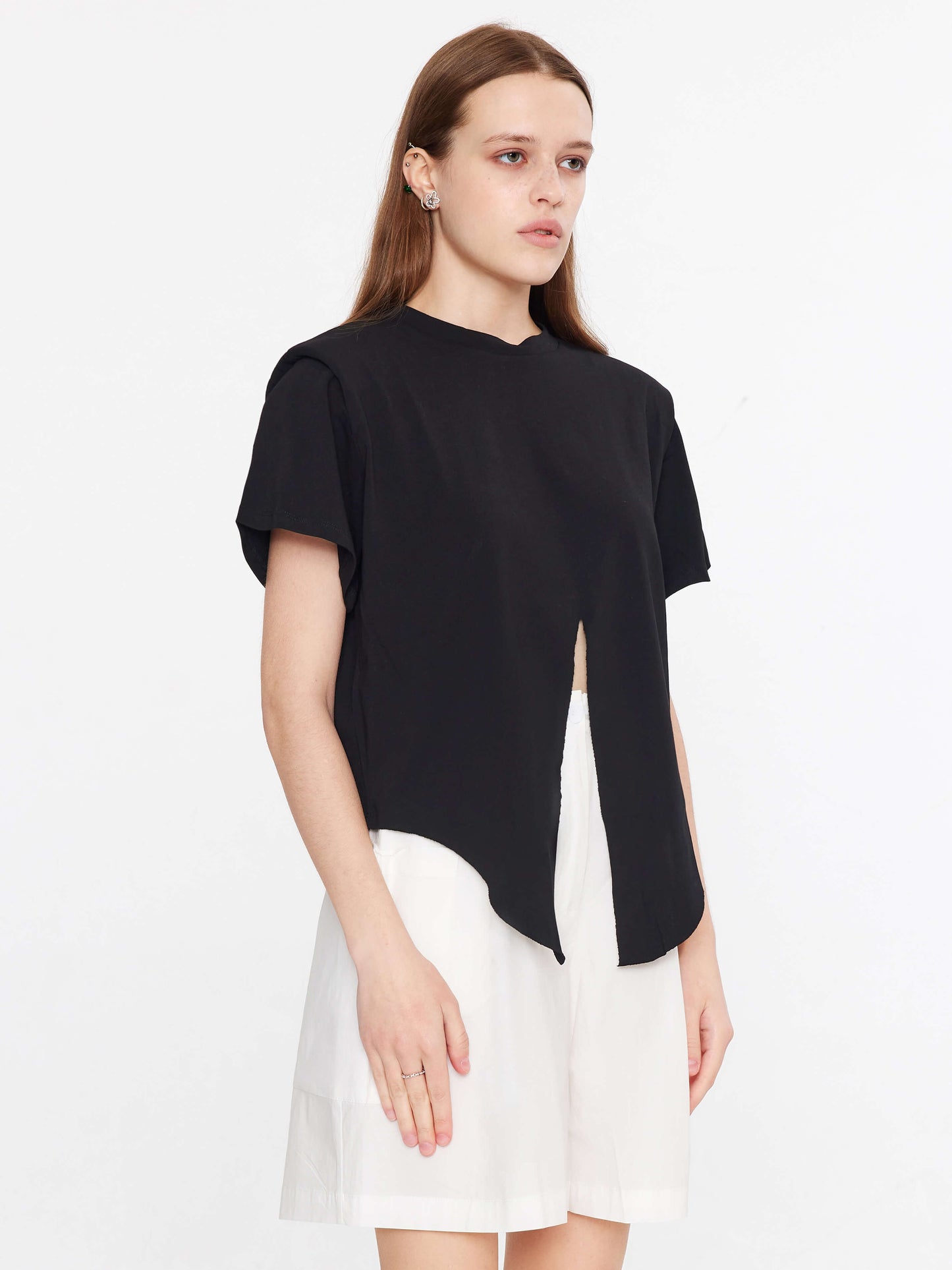 Shoulder Padded Short Sleeve Knot Cotton T-Shirt