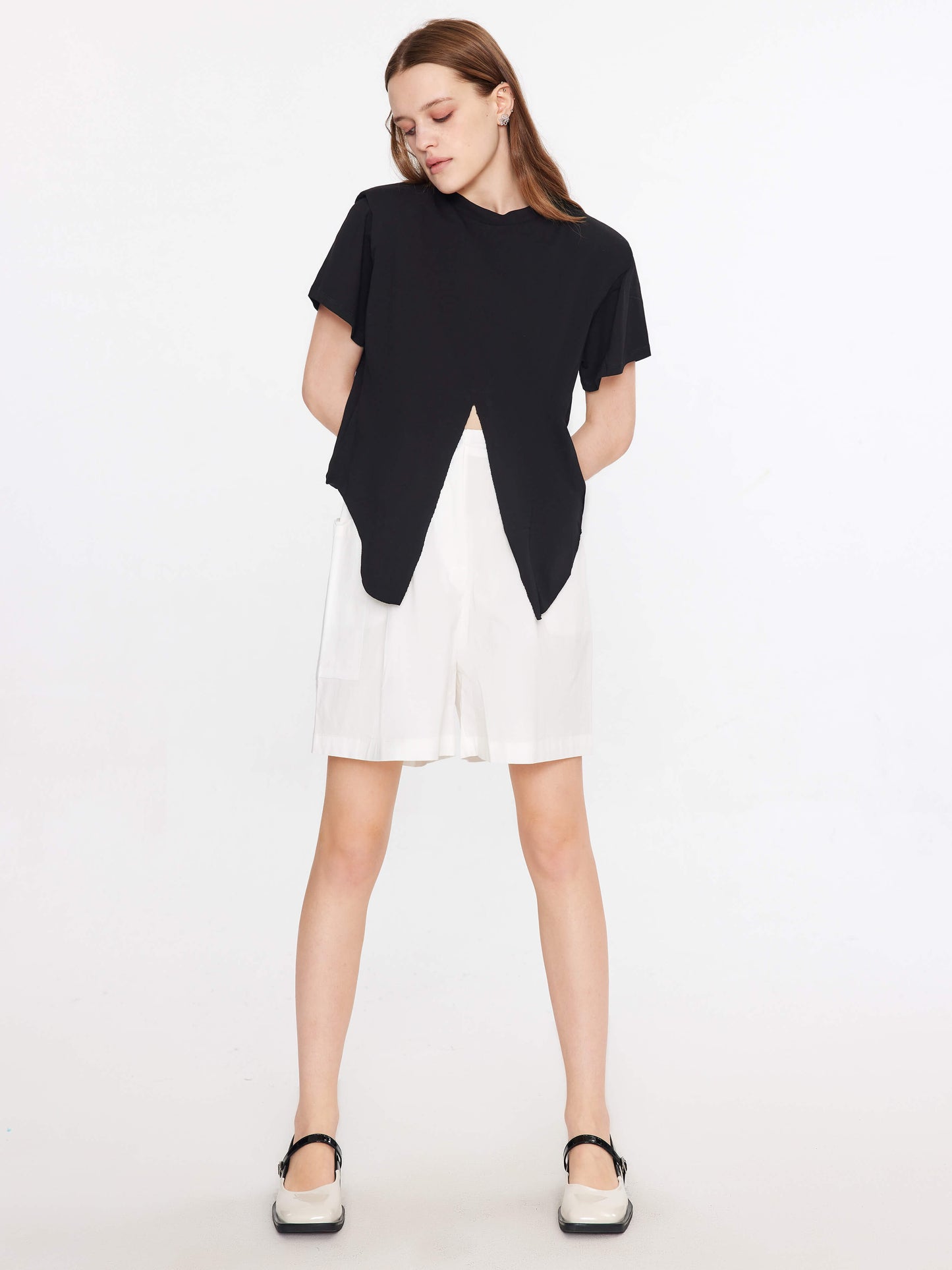 Shoulder Padded Short Sleeve Knot Cotton T-Shirt