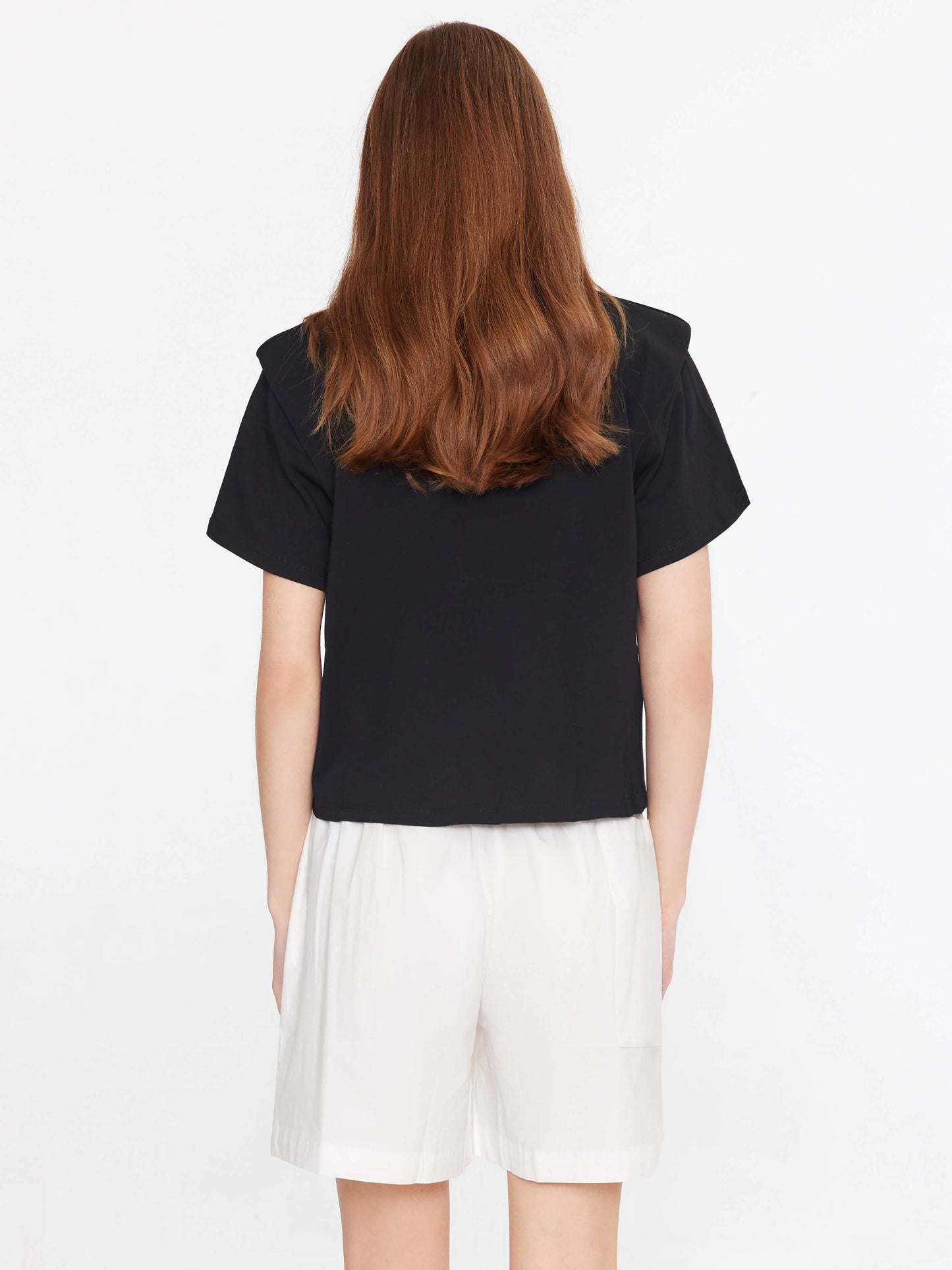 Shoulder Padded Short Sleeve Knot Cotton T-Shirt