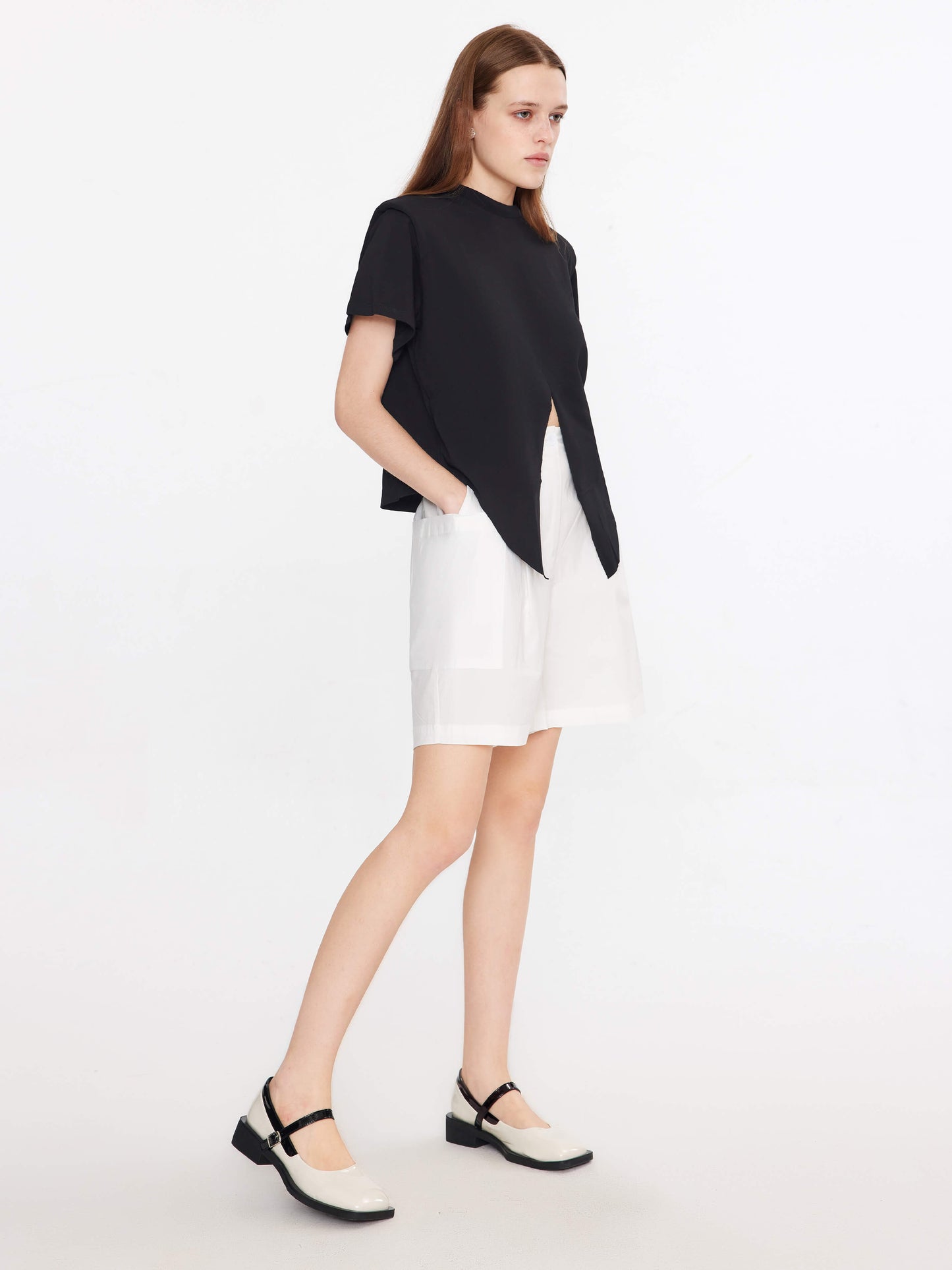 Shoulder Padded Short Sleeve Knot Cotton T-Shirt