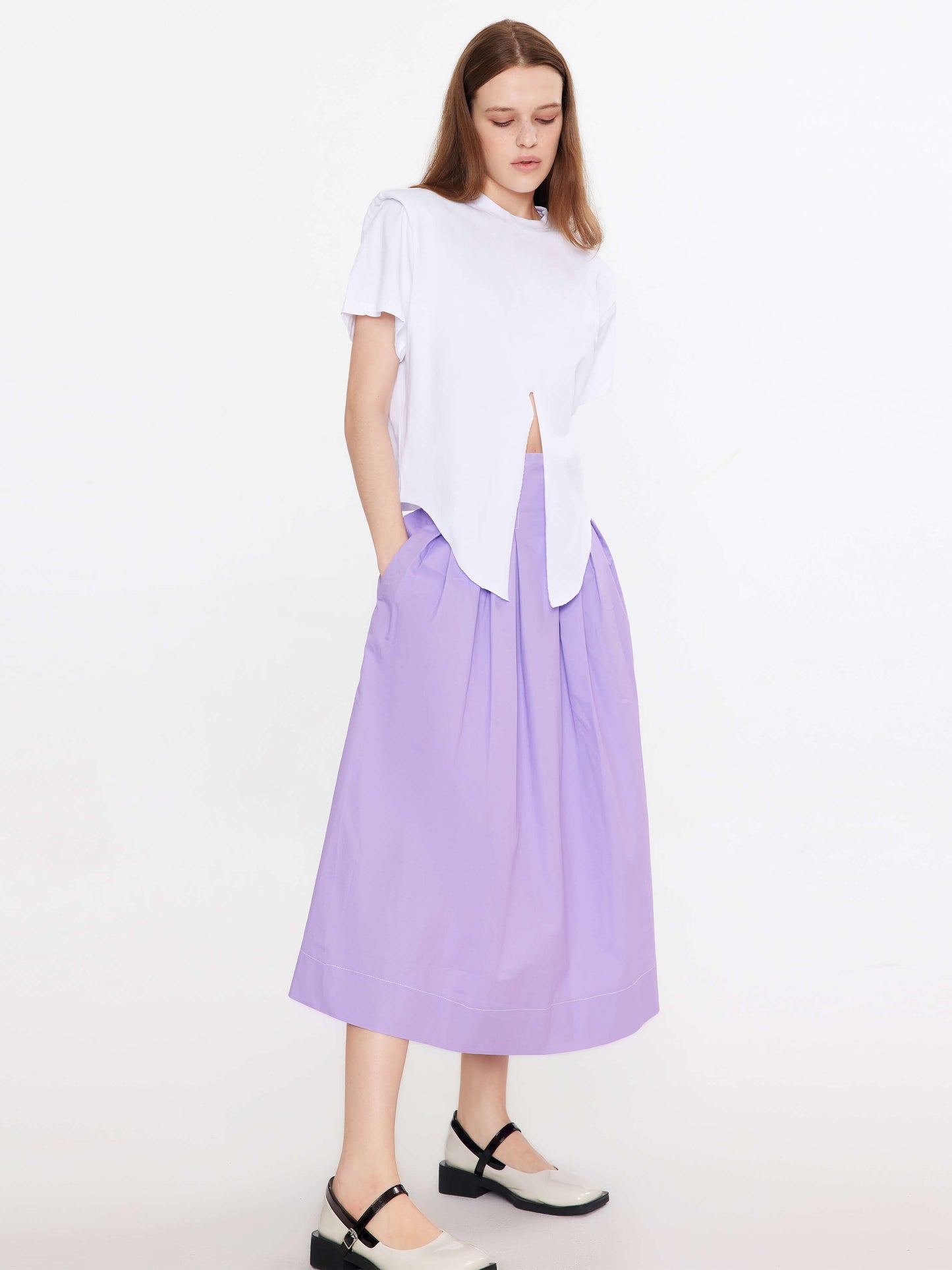 Shoulder Padded Short Sleeve Knot Cotton T-Shirt