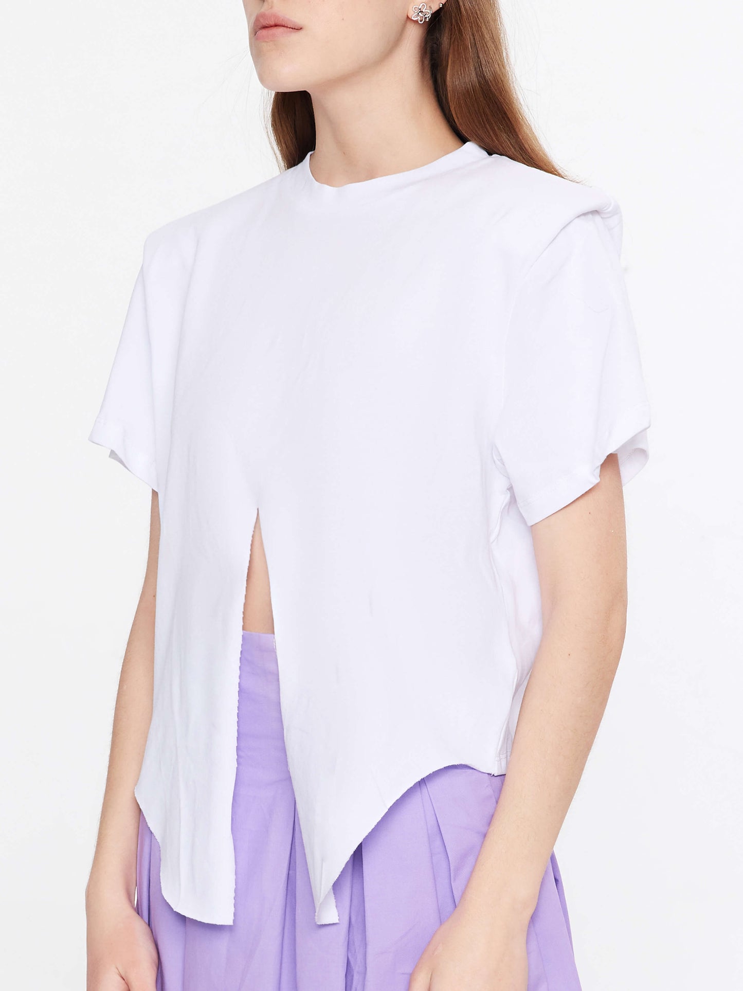 Shoulder Padded Short Sleeve Knot Cotton T-Shirt