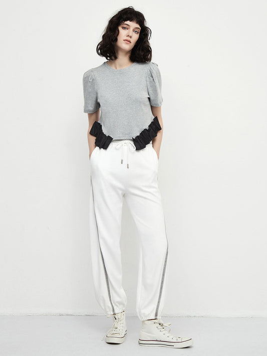 CUBIC Women's Puff Sleeve Contrast Colour Cotton T-Shirt