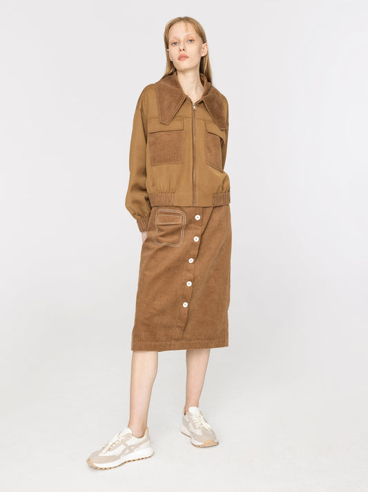 Buttoned Corduroy A-line Midi Skirt