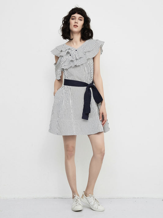 CUBIC Women's Striped Asymmetric Shoulder Belted Dress