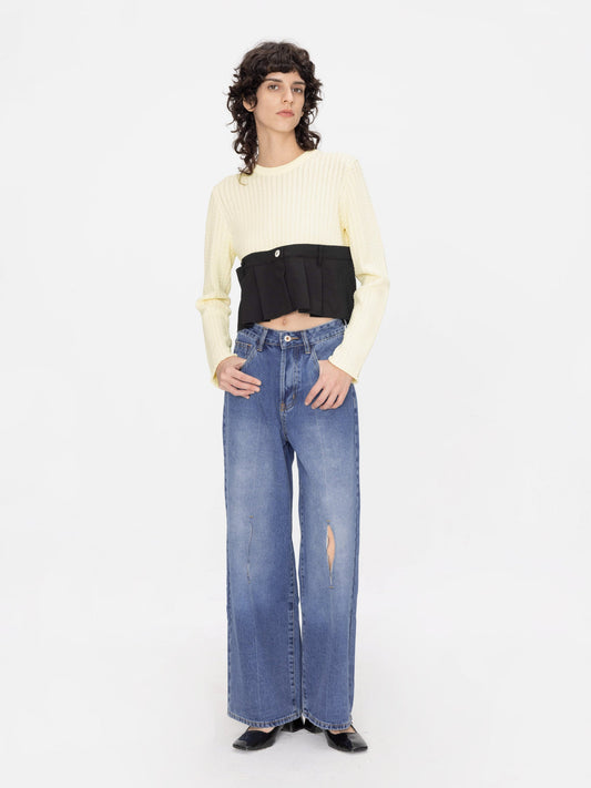 Cropped Knit Top with Shirting Panel