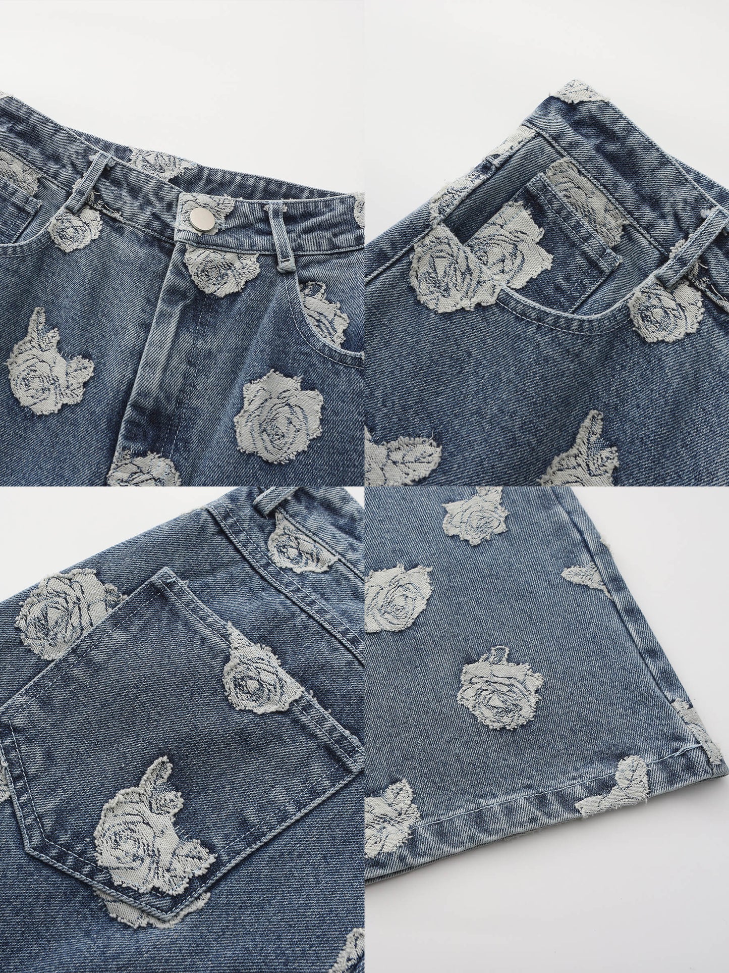 Retro Rose Print Washed Straight Leg Jeans