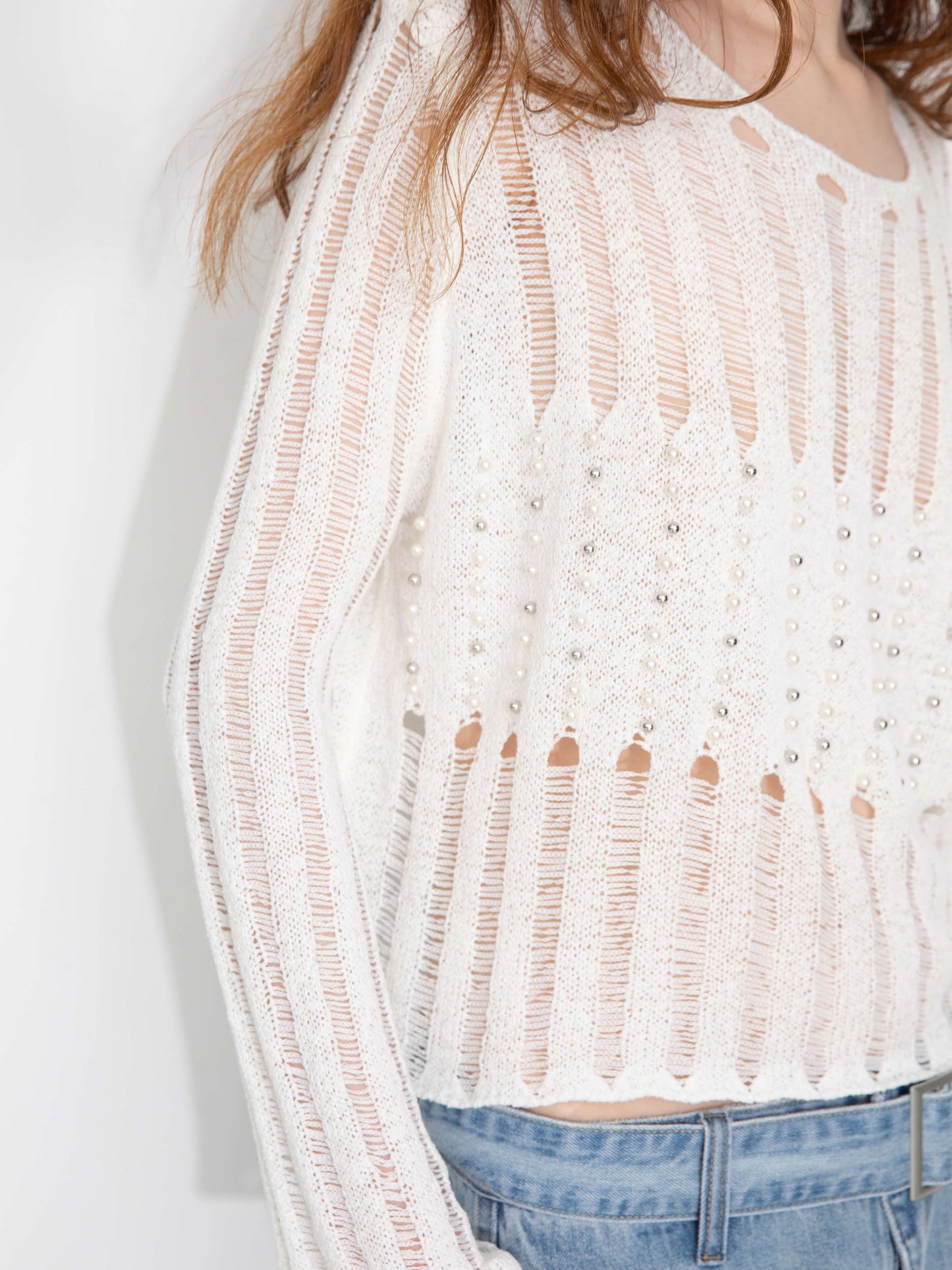 Beaded Hollow-Out Knit Top with Flare Sleeves