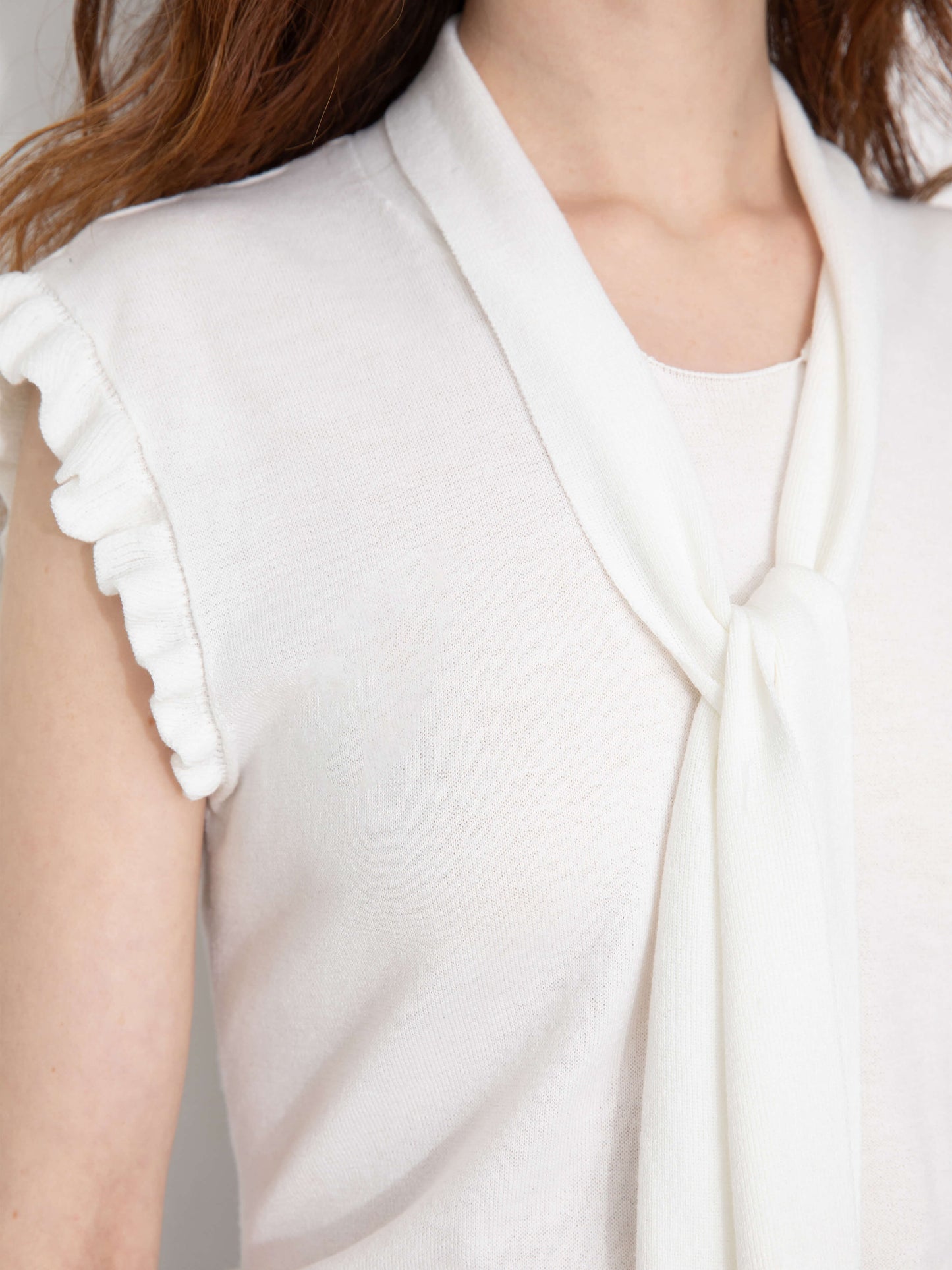 Ruffled Sleeve Sleeveless Knit Top with Attached Scarf