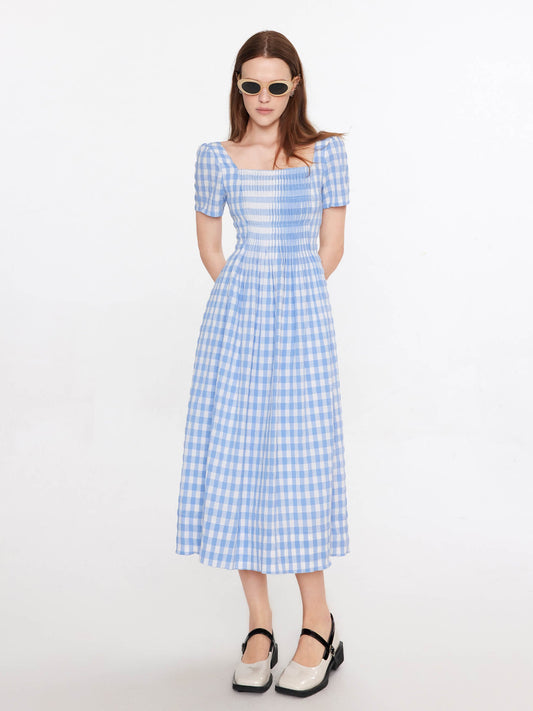 Square Neck Checkered Midi Dress